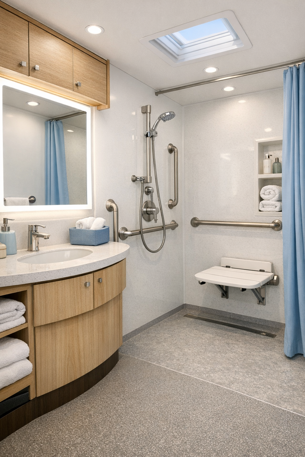 Bright accessible RV bathroom with curbless shower and clean modern finishes