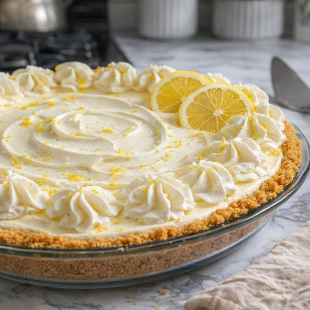 Finished lemonade pie on a kitchen counter