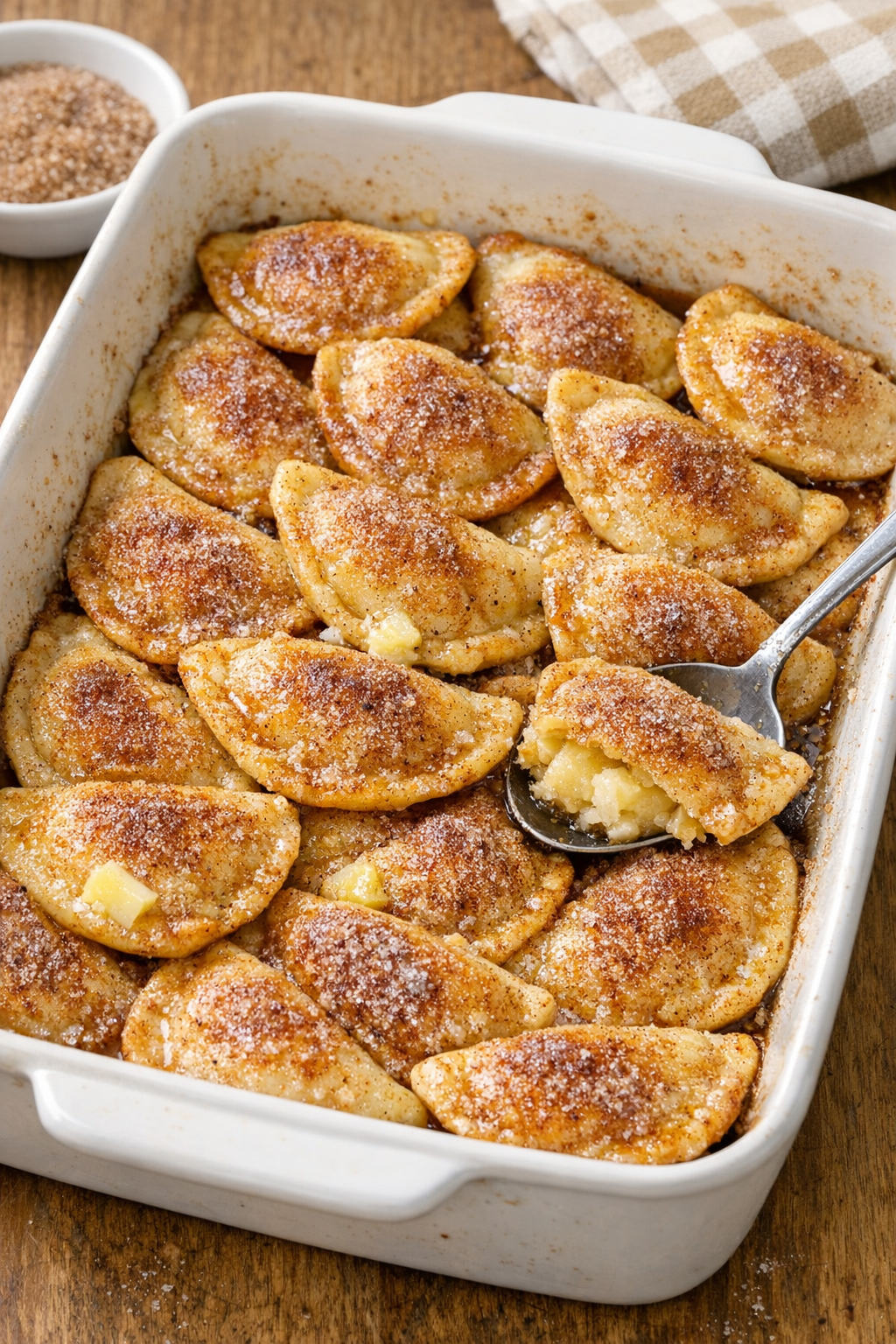 Baked cinnamon sugar pierogi dessert in a casserole dish