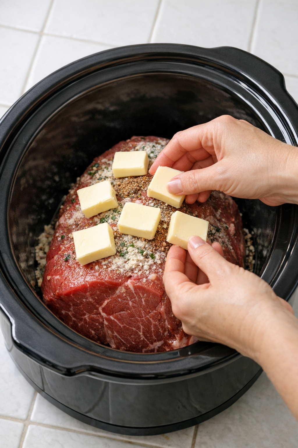 Raw beef round roast sitting in a slow cooker
