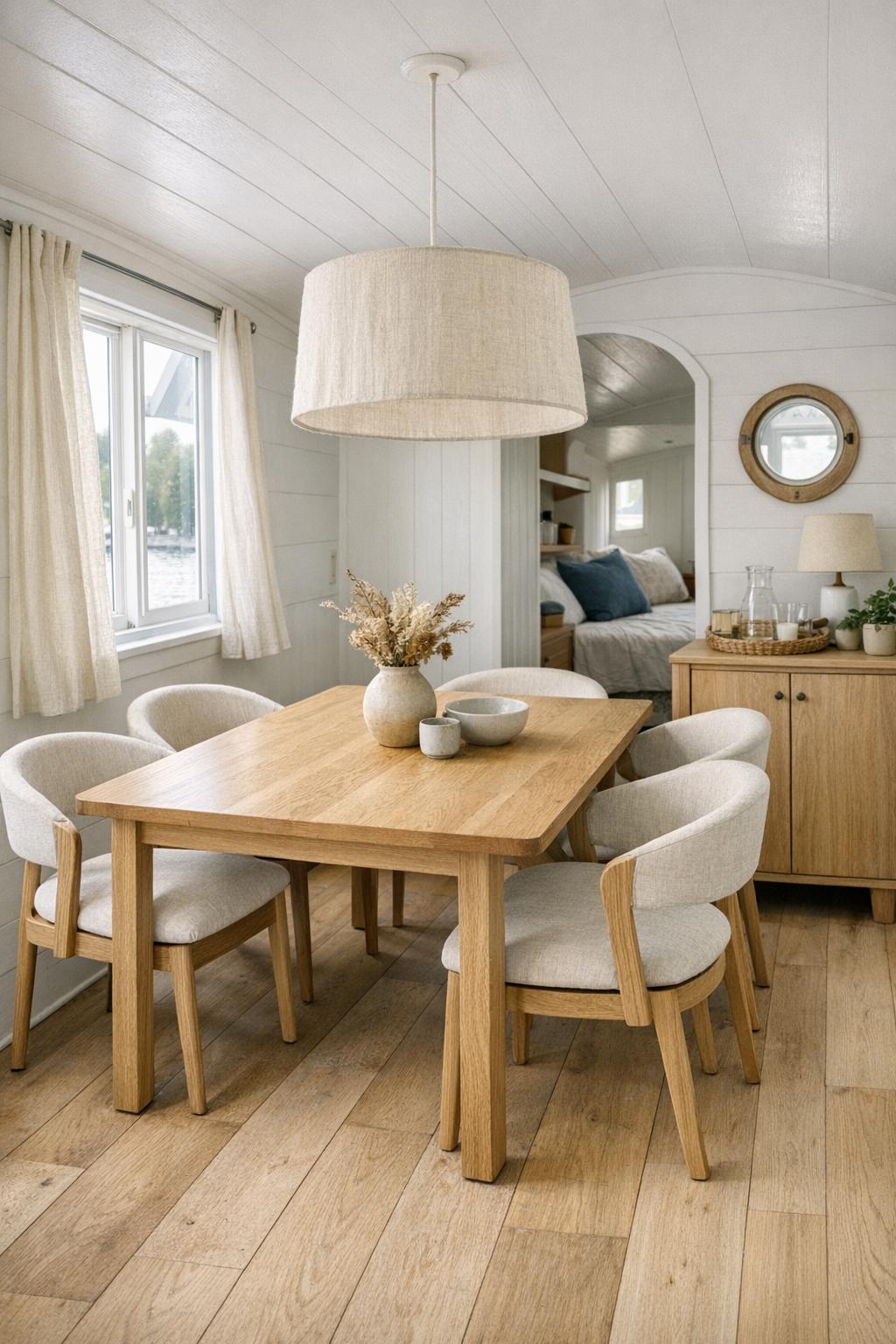 Light oak dining area with simple table, curved chairs, and soft pendant lighting