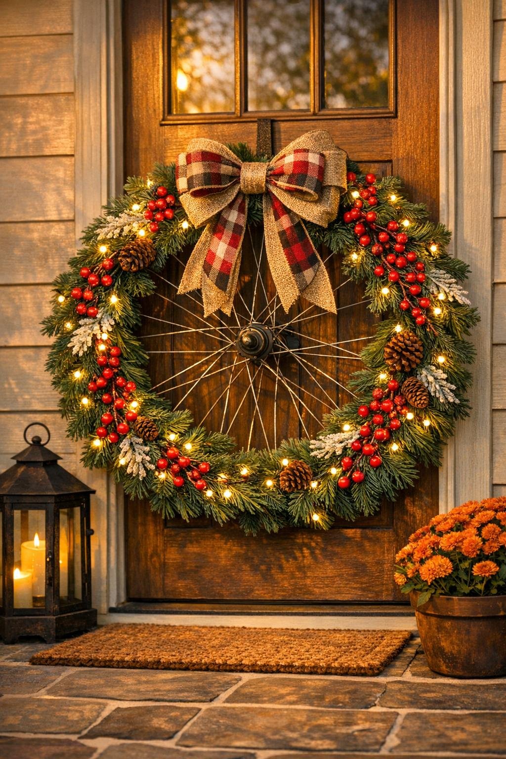 Finished bicycle wheel porch wreath hanging on a front porch