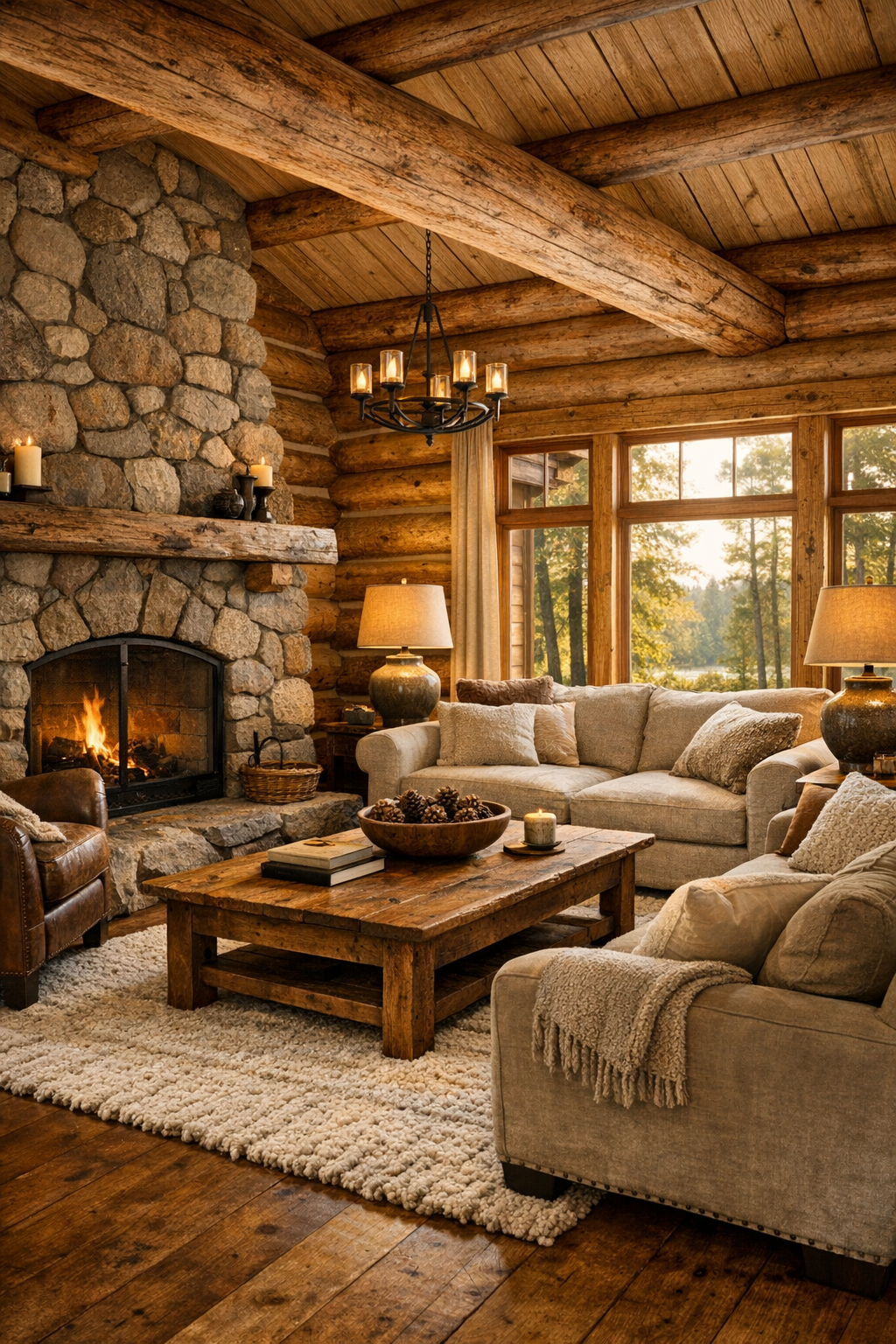Rustic log home living room with stone fireplace and soft neutral seating