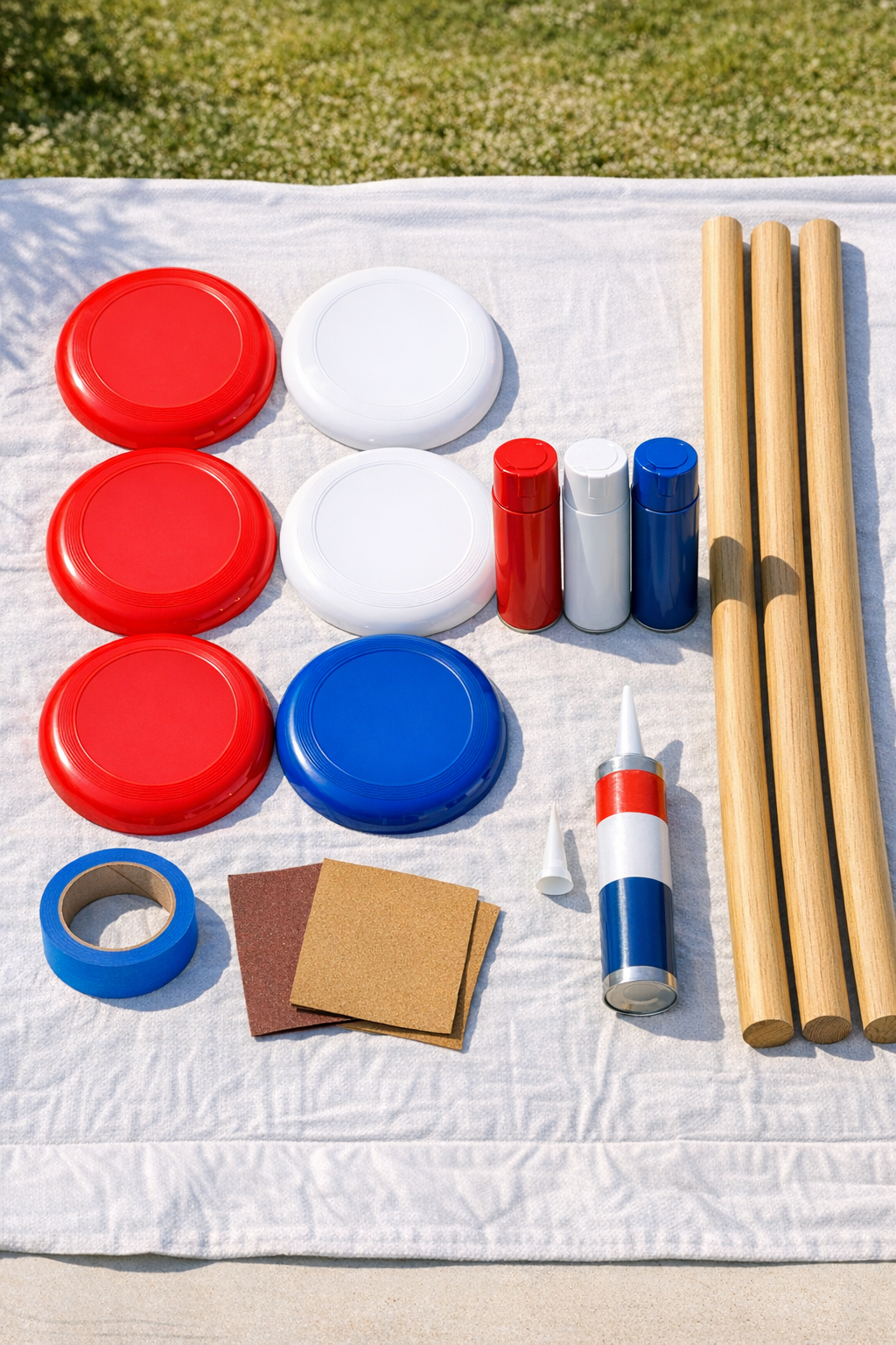 Plastic frisbees, spray paint, wooden dowels, and glue laid out for the project