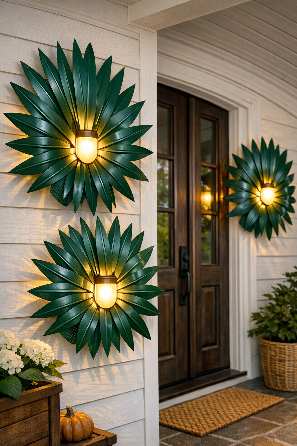 Completed faux palm leaf porch sconces glowing warmly on a front porch