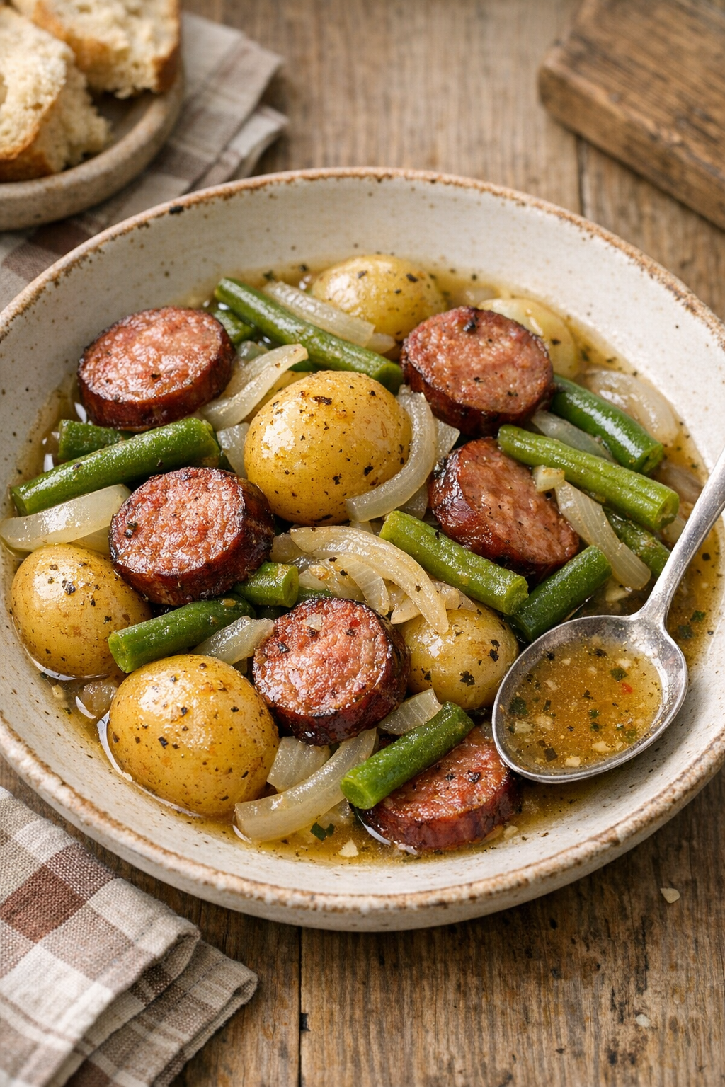 Finished slow cooker sausage supper plated in a bowl