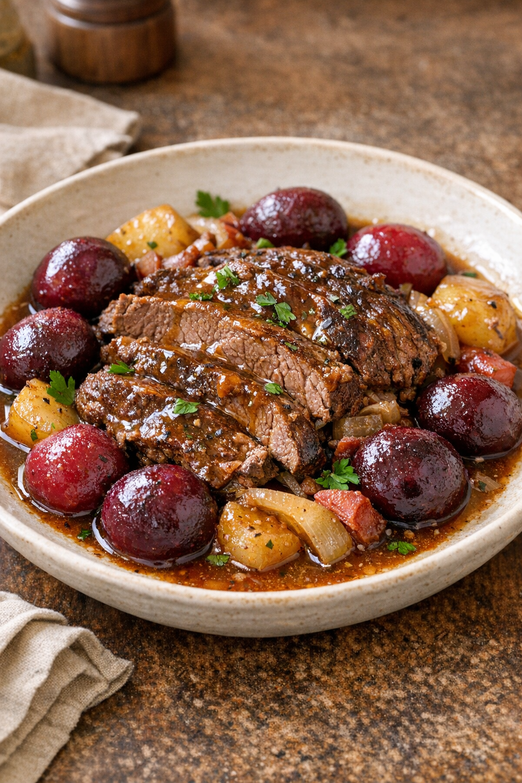 Finished Amish beet beef plated with tender beets and gravy