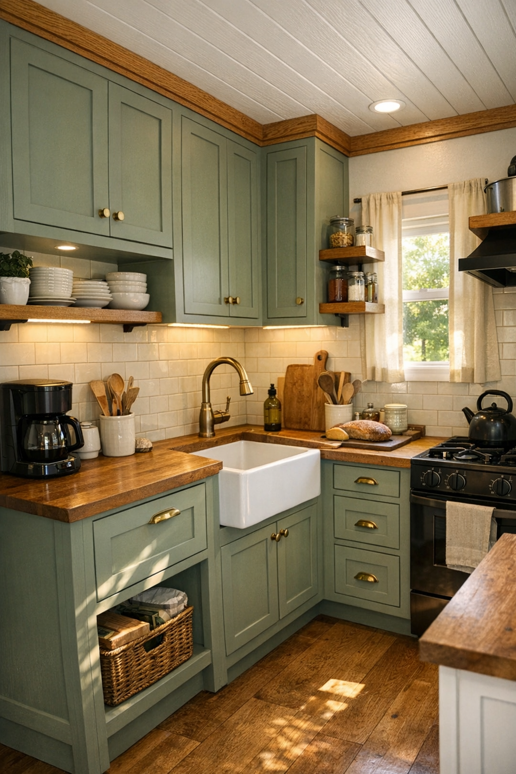 Small craftsman kitchen with sage cabinetry and butcher block counters