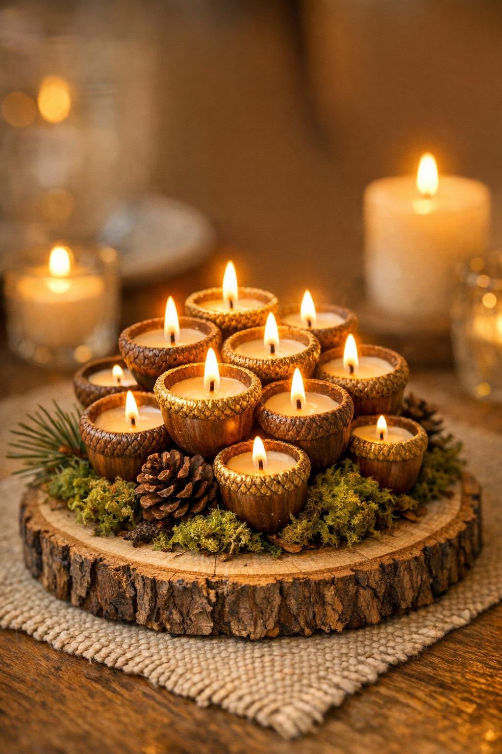 Finished acorn cap candle cluster styled on a table