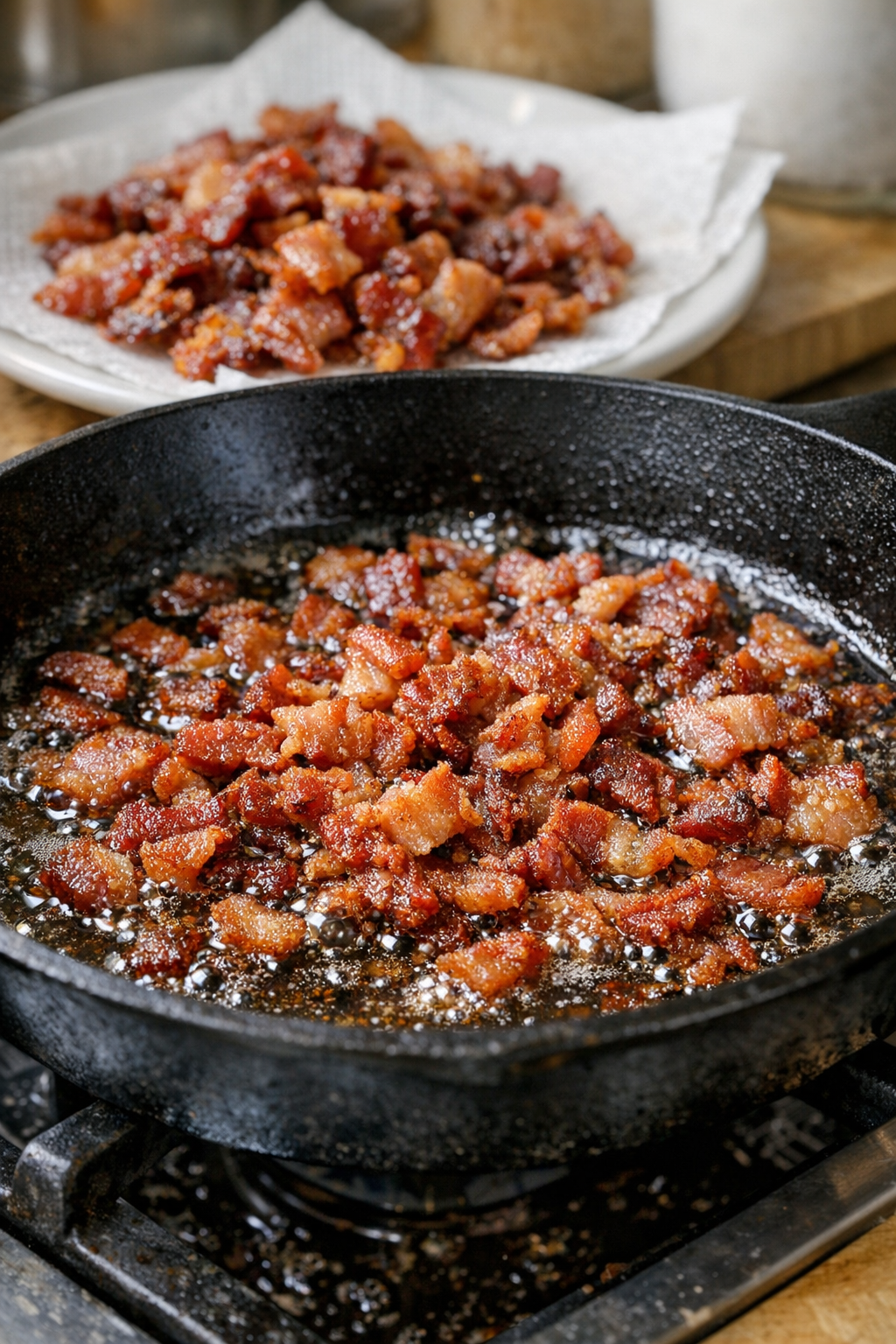 Crispy bacon and rendered bacon fat in a skillet