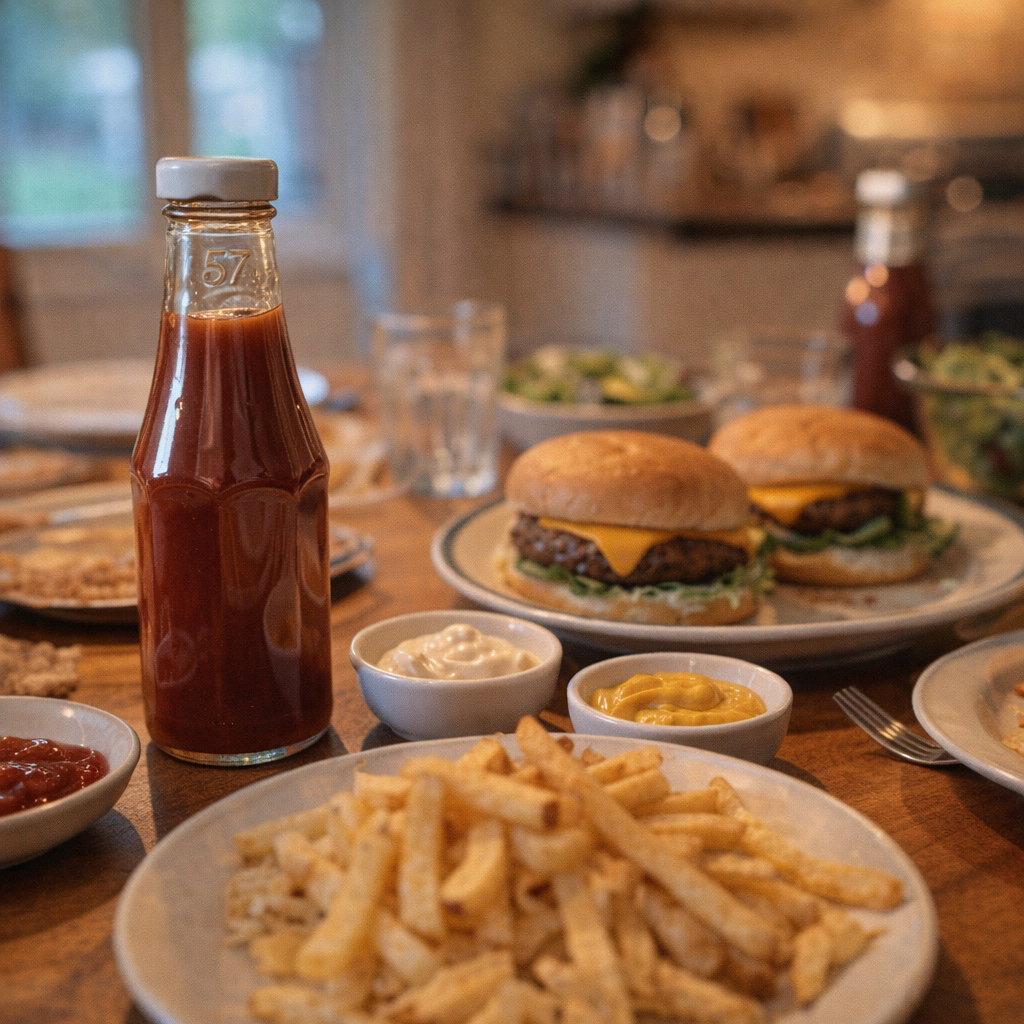 Casual family-style meal with ketchup bottle beside fries and burgers