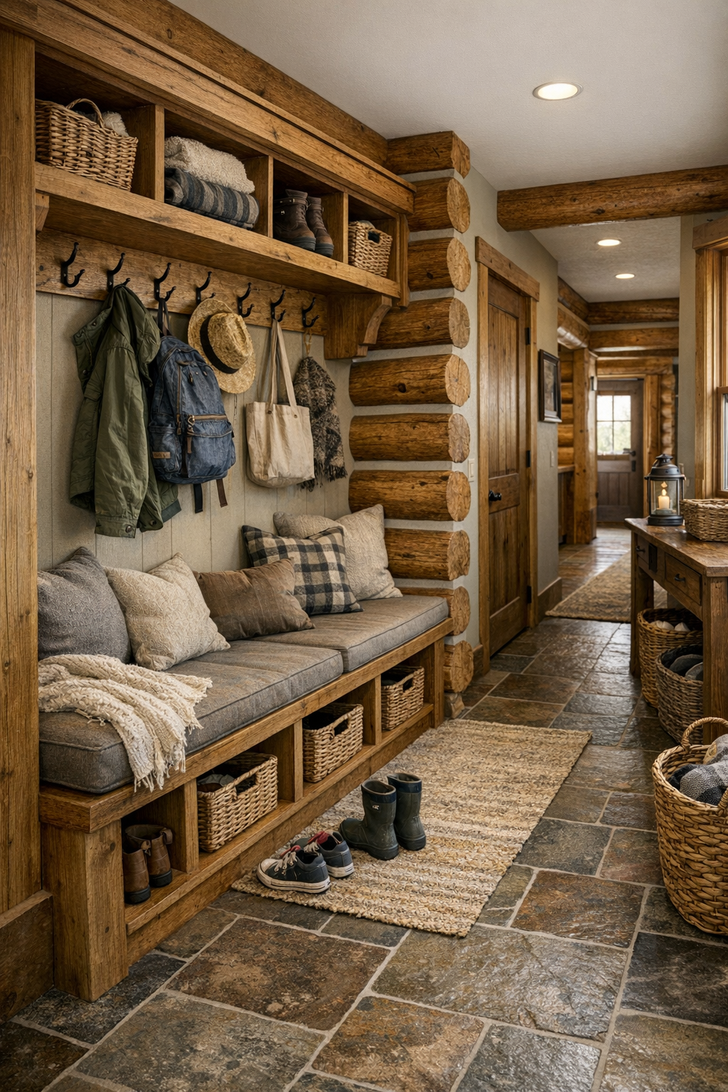 Mudroom and hallway area with built-in bench and rustic wood details