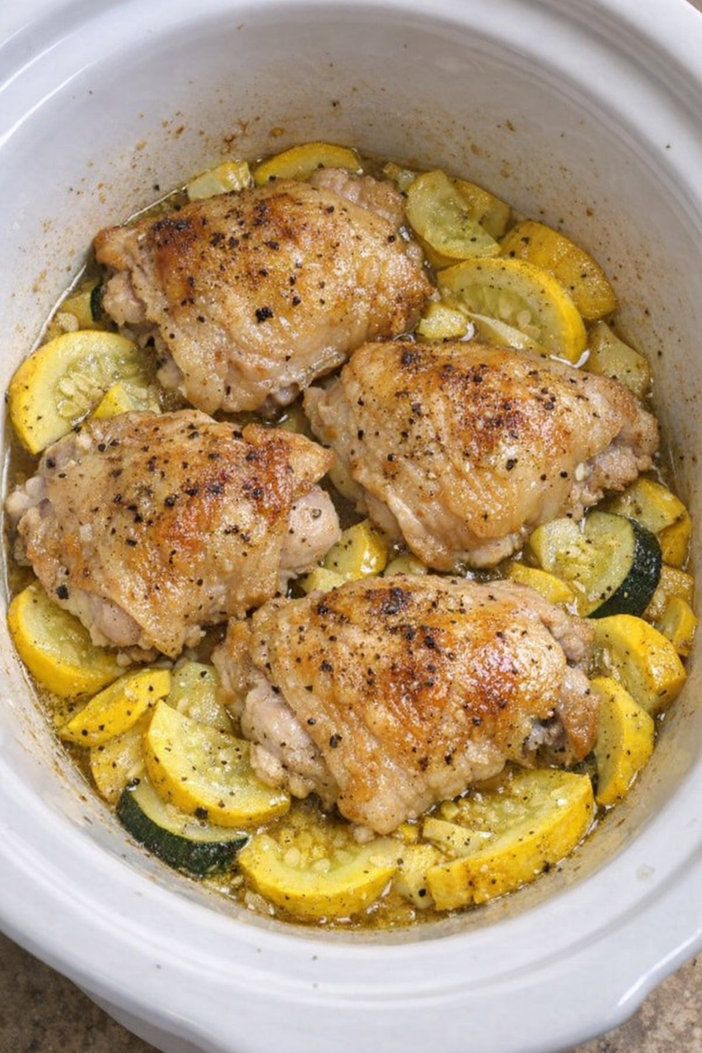 Finished slow cooker Amish chicken and summer squash