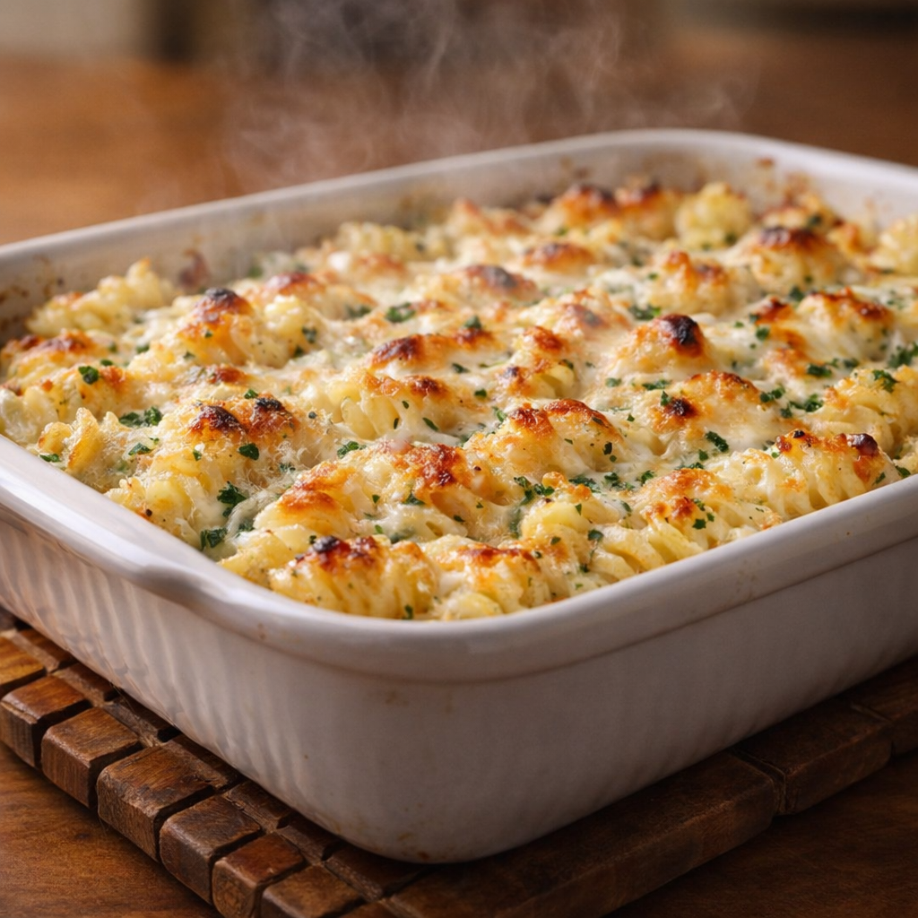 Golden baked rotini resting after the oven