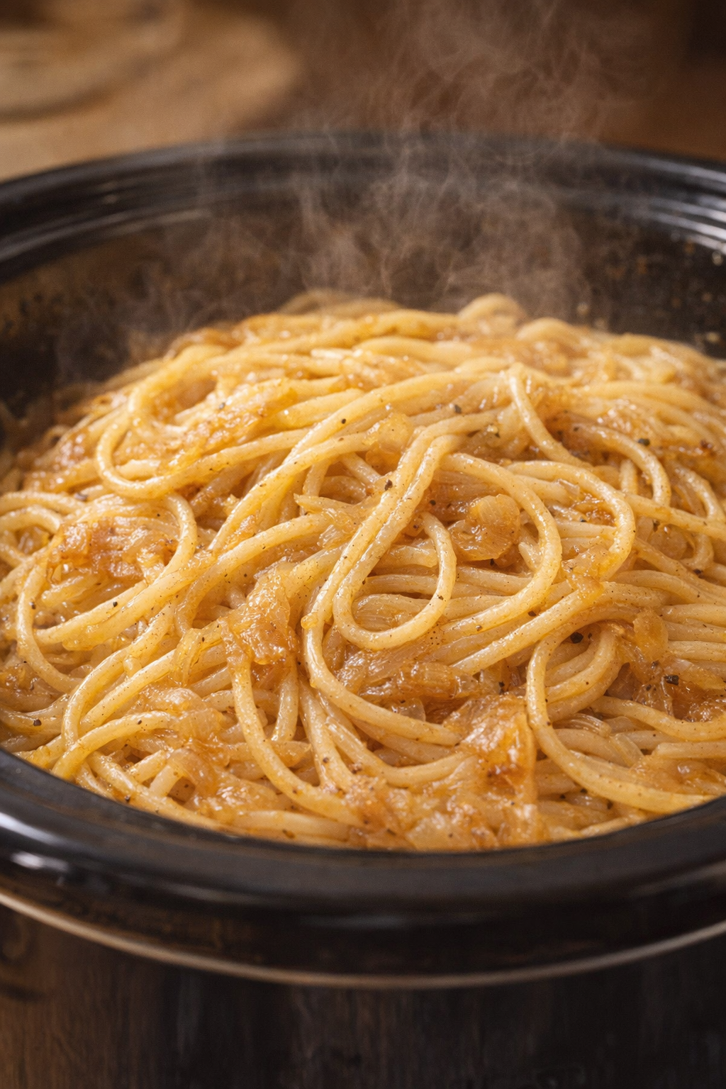 Finished onion spaghetti with glossy sauce