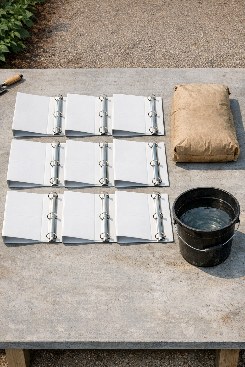 Vinyl binders, cement, and water laid out for the project