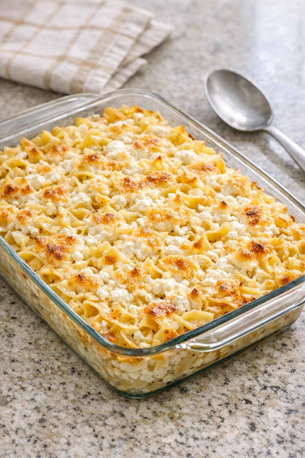 Finished Amish cottage cheese noodle bake in a glass dish