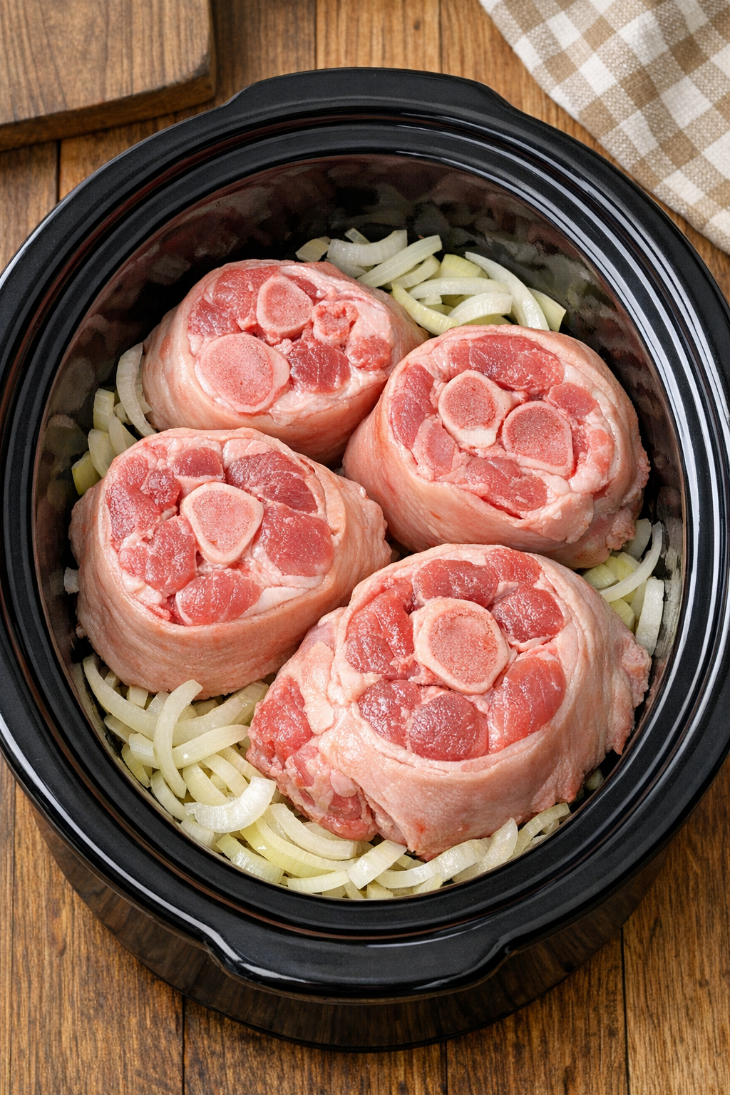 Onion layered under pork hocks in slow cooker