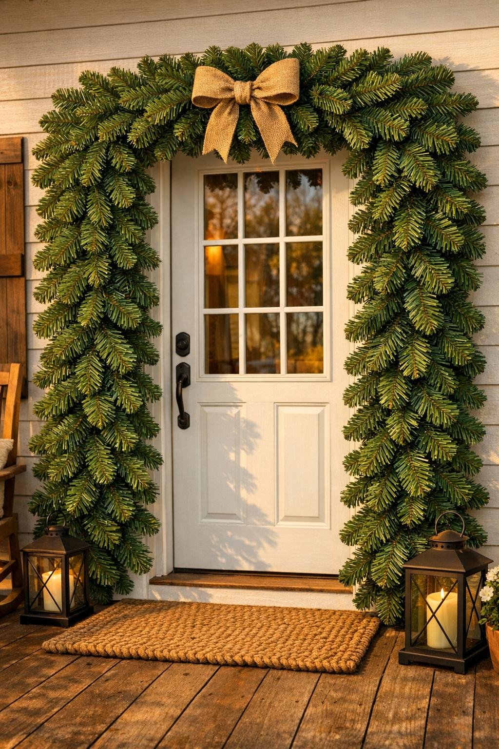 Finished porch garland made from an old artificial Christmas tree hanging on a front porch