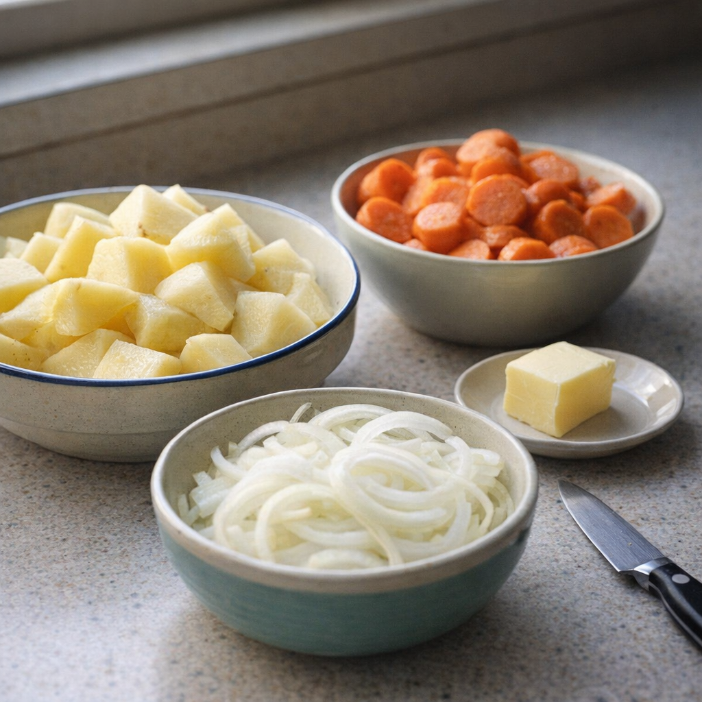 Prepared potatoes, carrots, and onion on a kitchen counter