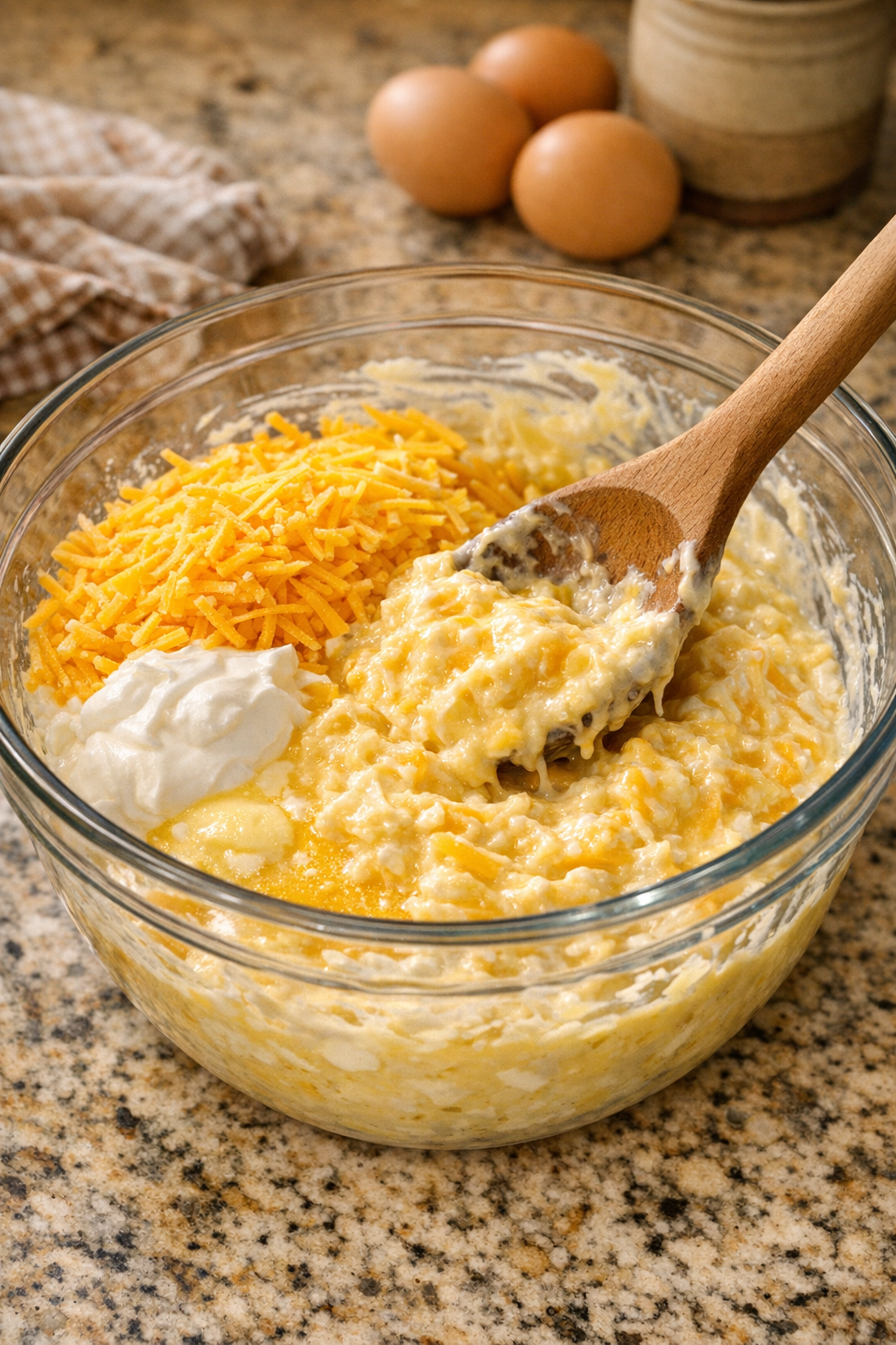 Creamy cheese mixture being stirred in a bowl
