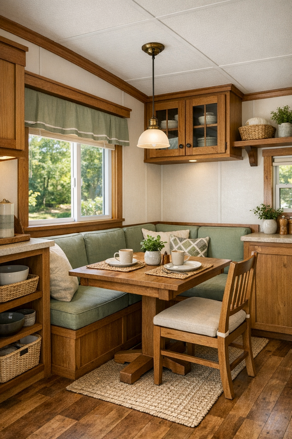 Compact dining area with a wood table, built-in seating, and soft craftsman details