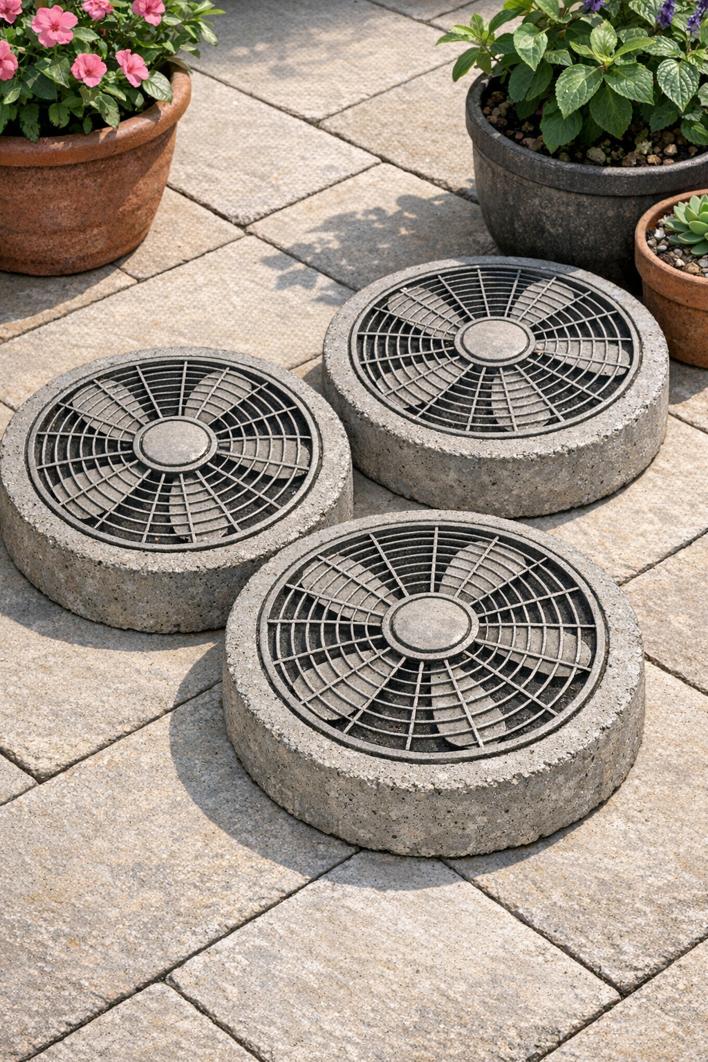 Finished circular patio blocks made from cement and metal fan grates