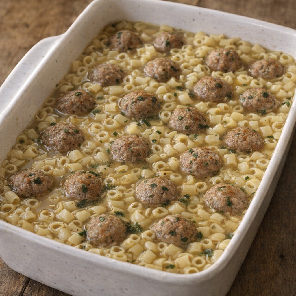 Unbaked casserole with pasta and mini meatballs