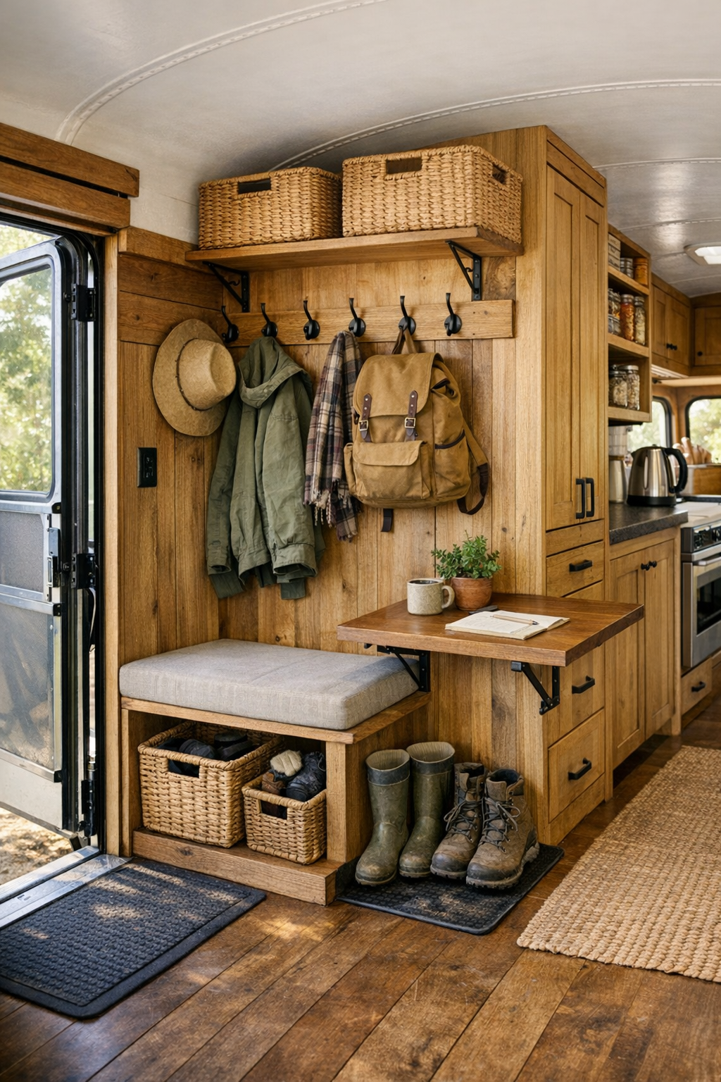 Functional bus entry and utility area with bench, hooks, baskets, and built-in storage