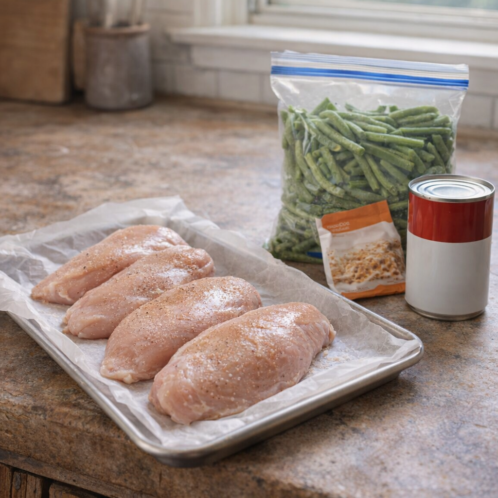 Four simple casserole ingredients on a farmhouse counter