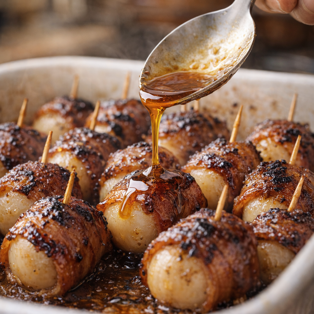 Glaze being spooned over bacon wrapped water chestnuts