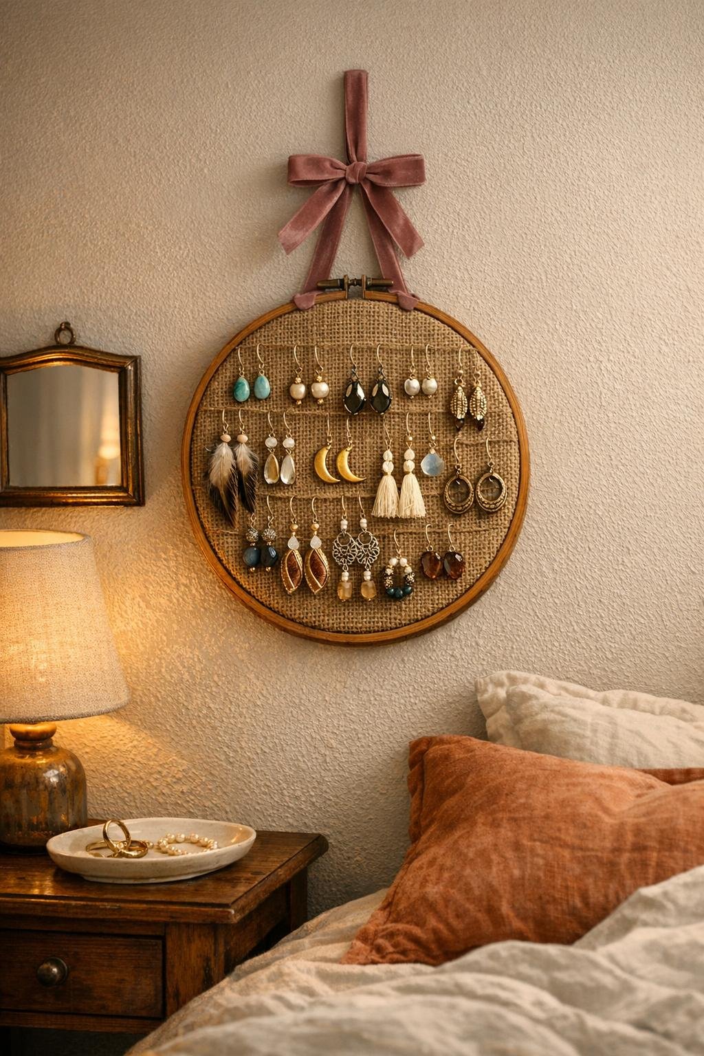 Finished rustic embroidery hoop earring display hanging in a bedroom