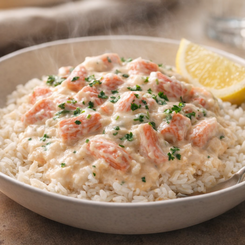 Finished imitation crab served over rice with herbs