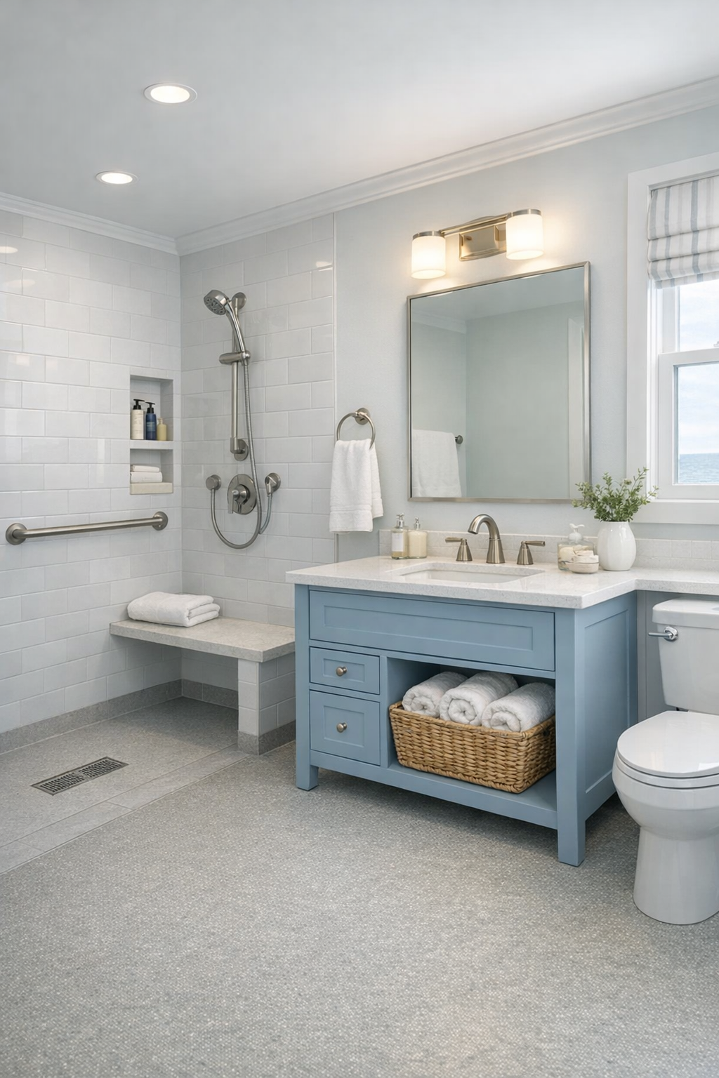 Fresh cottage bathroom with a low-threshold shower, light tile, and classic finishes