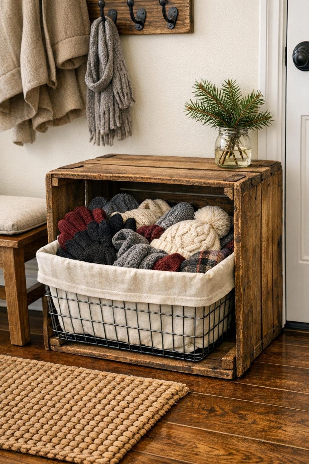 Finished DIY entryway glove bin styled beside a front door