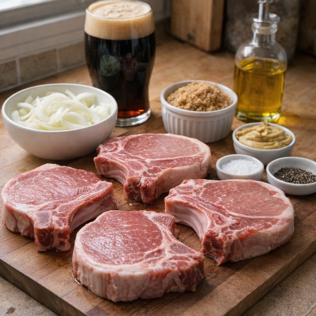 Ingredients for stout glazed pork chops arranged on a kitchen counter