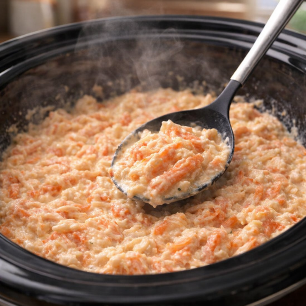 Creamy crab taco filling inside a slow cooker after cooking