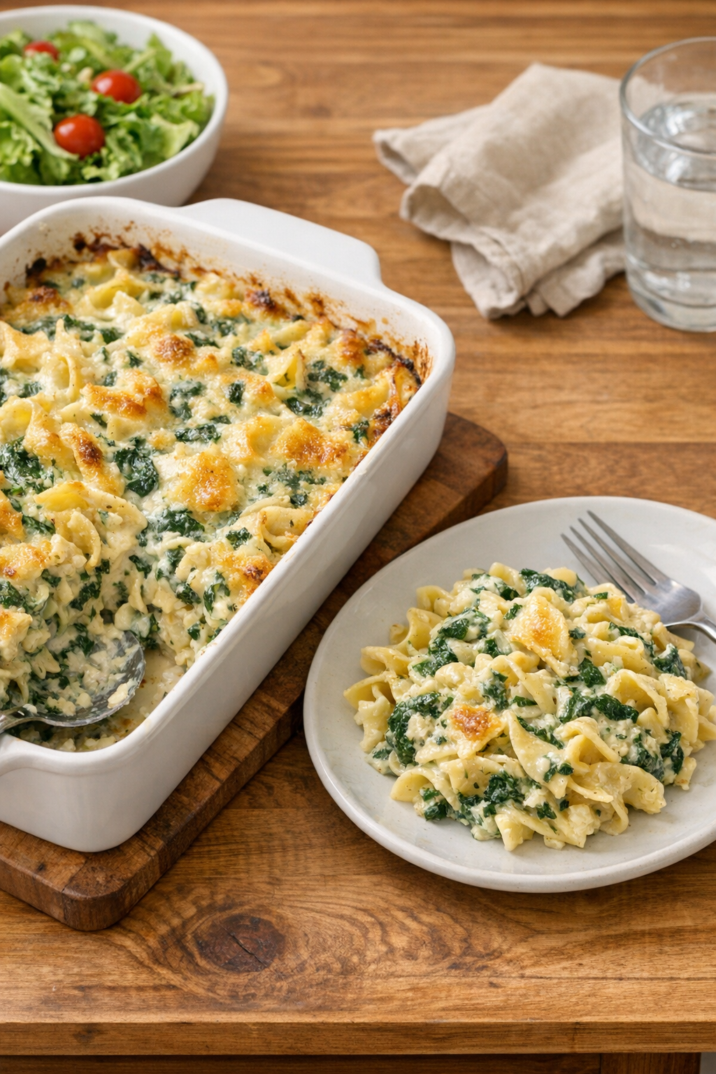 Finished baked spinach cream cheese noodle casserole
