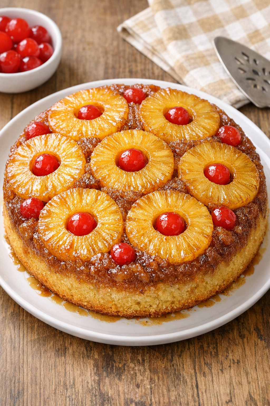 Finished pineapple upside down cake on a serving plate