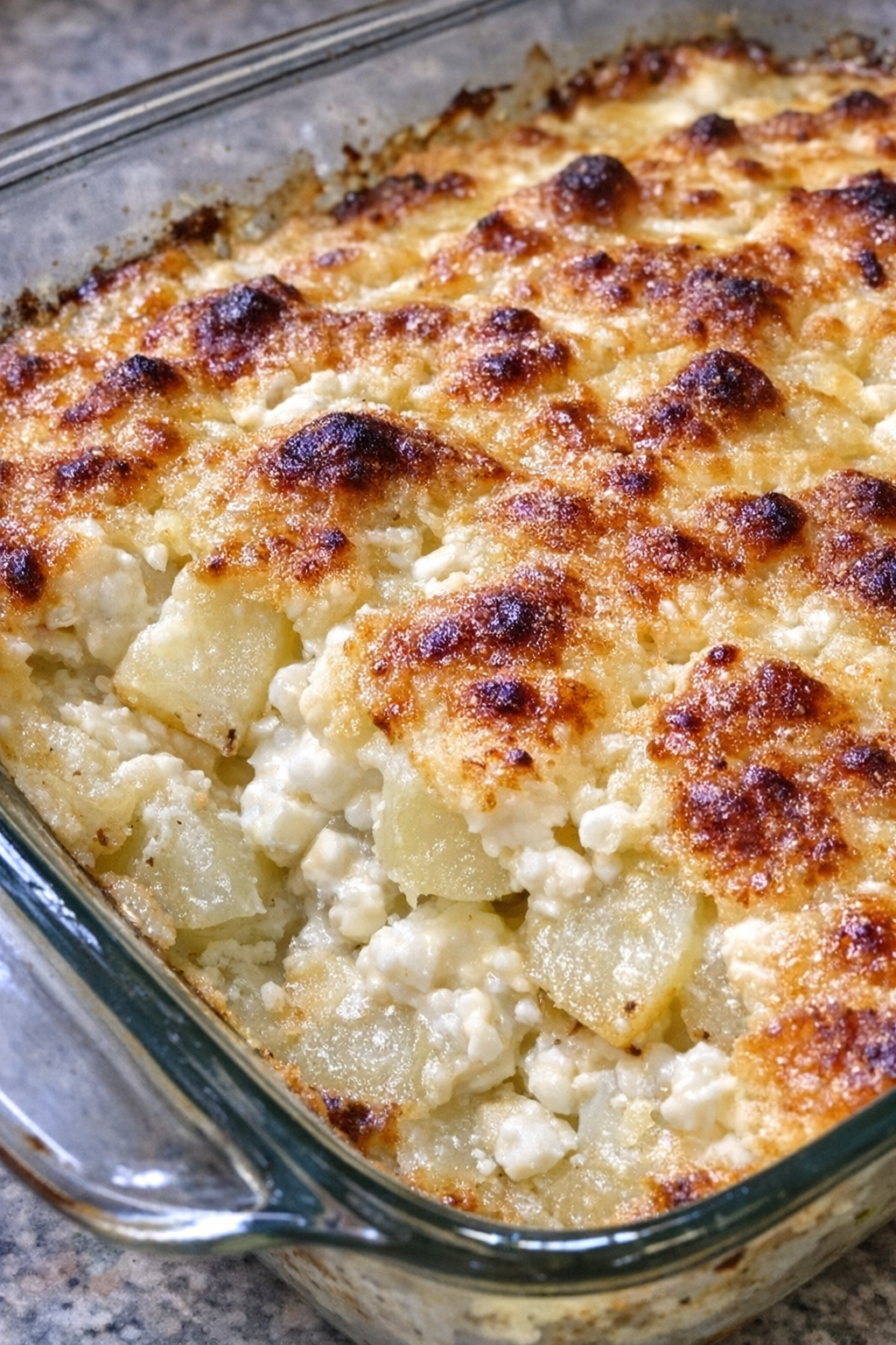 Golden baked potato casserole in a glass baking dish