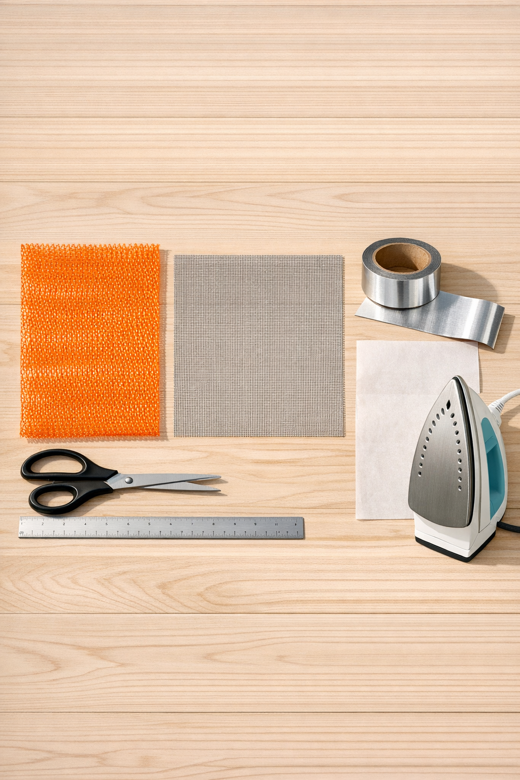 Materials for making durable window screen patches laid out on a table