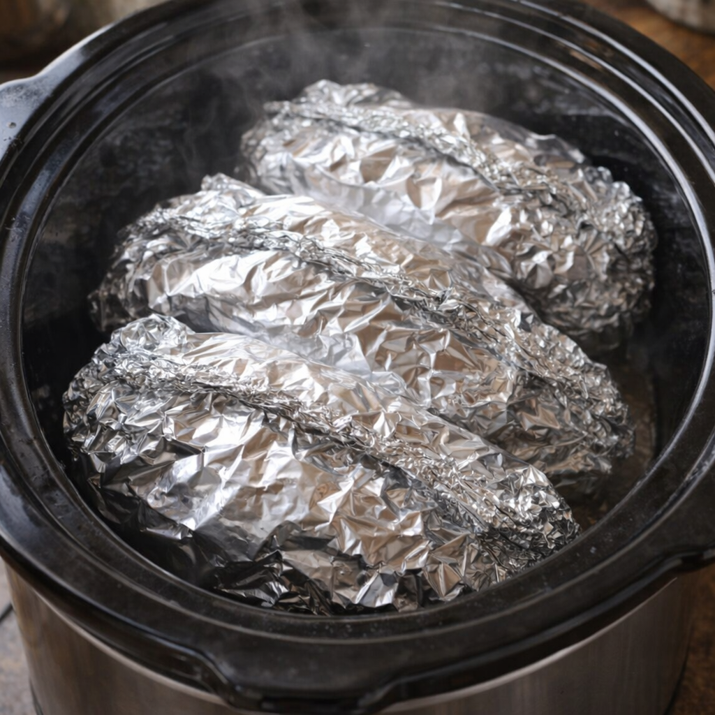 Foil packets arranged inside a slow cooker