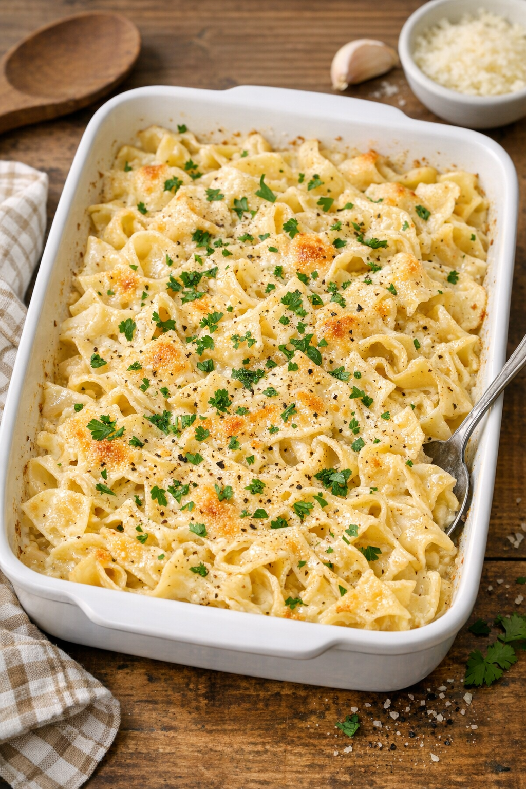 Finished baked Caesar cream noodles in a casserole dish