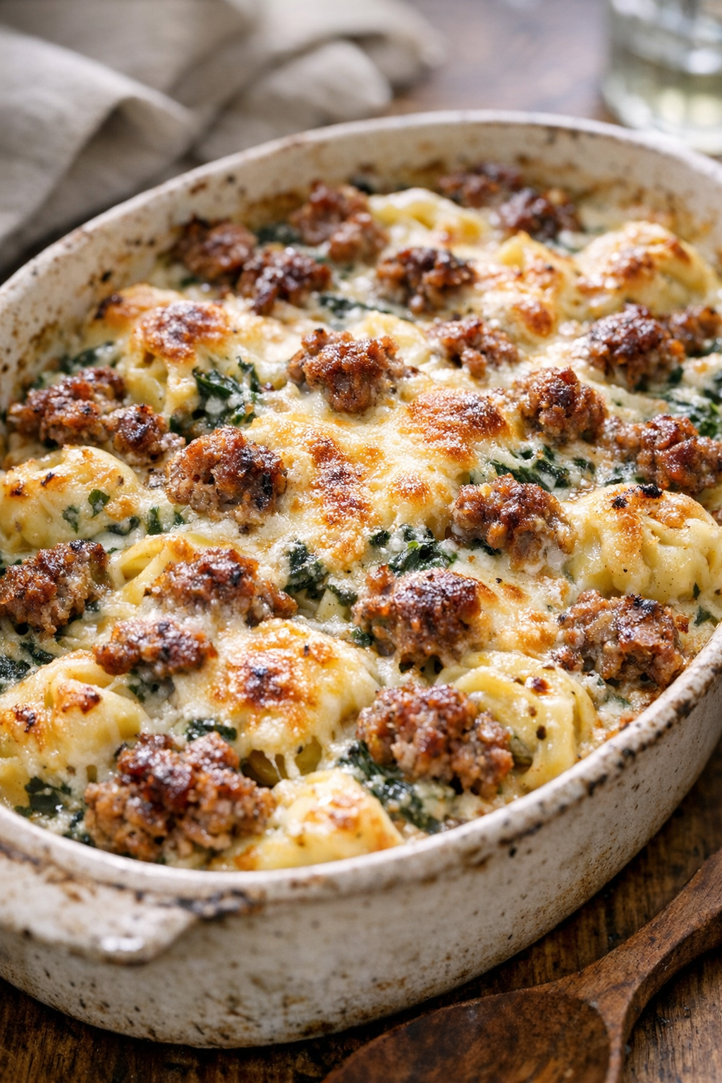 Kreminis špinatų tortellini variantas su parudusia dešra