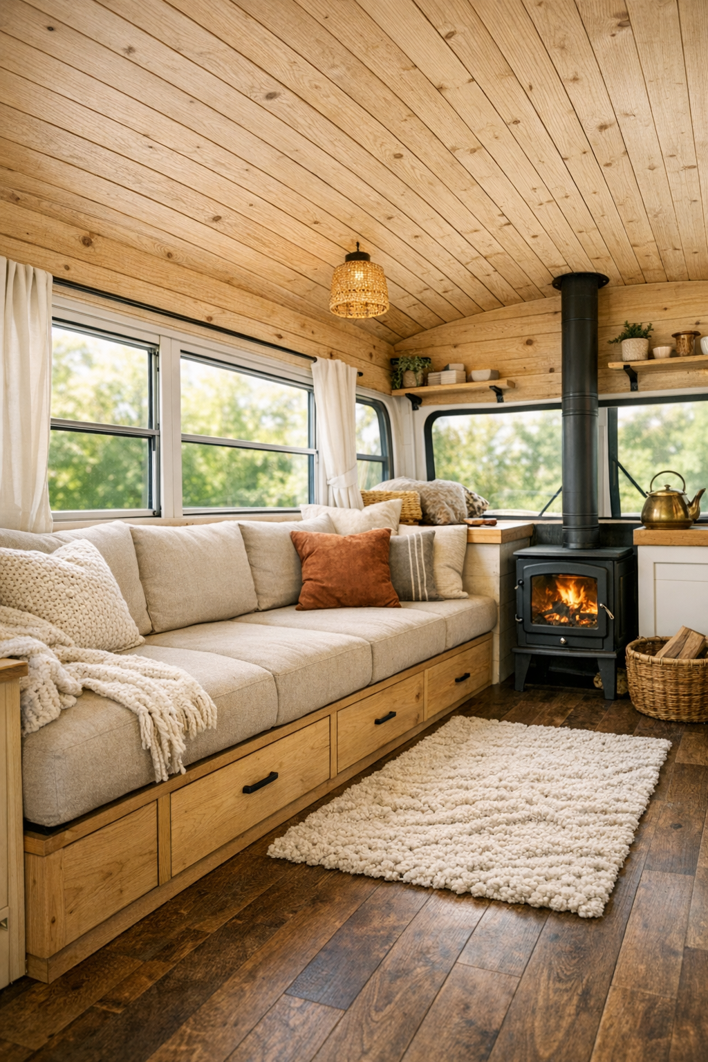 Cozy converted bus living room with built-in bench seating and light wood walls
