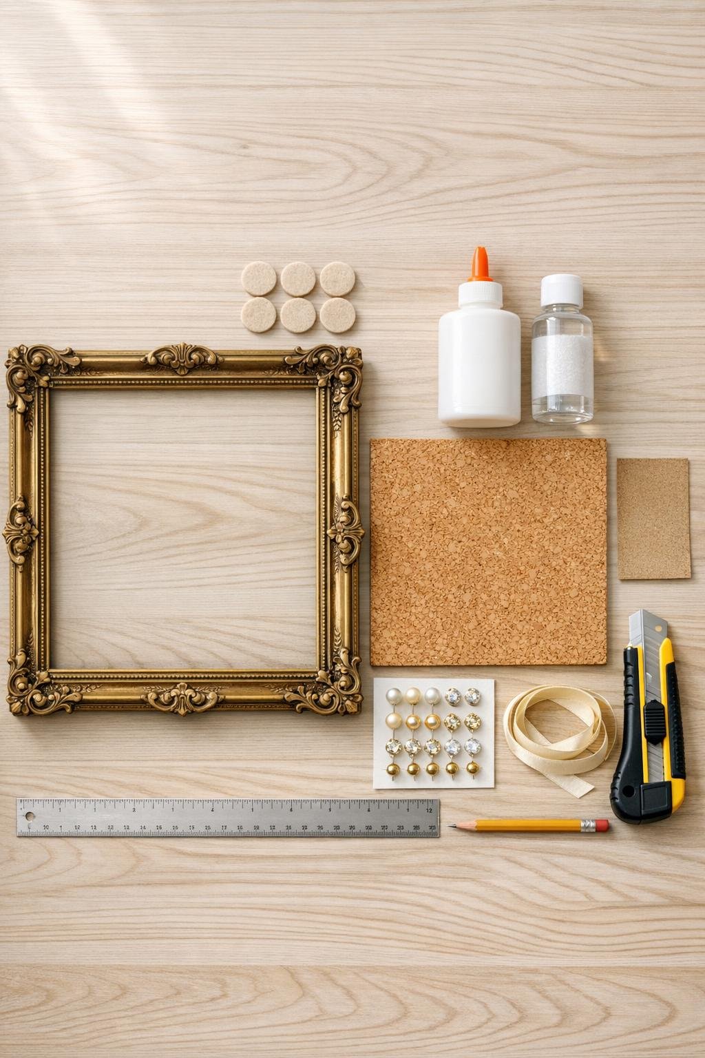 Materials for the brass frame cork tray organizer laid out together