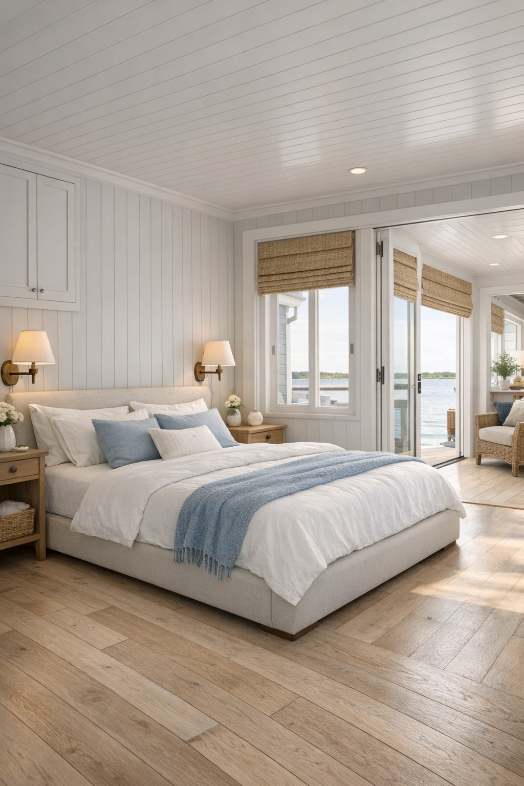 Serene bedroom with an upholstered bed, paneled walls, and soft blue coastal accents