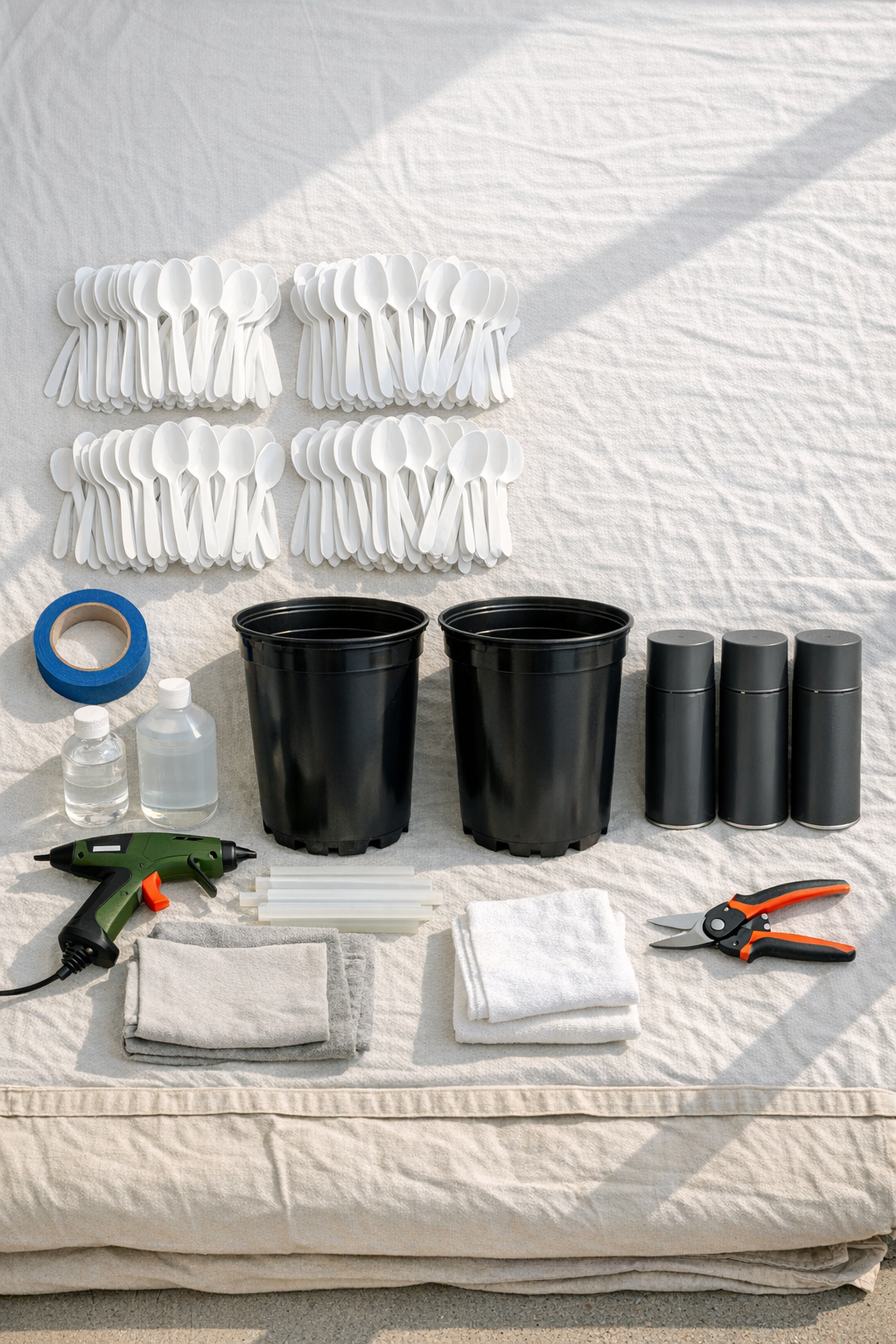 Materials for scalloped spoon porch planters laid out on a work surface