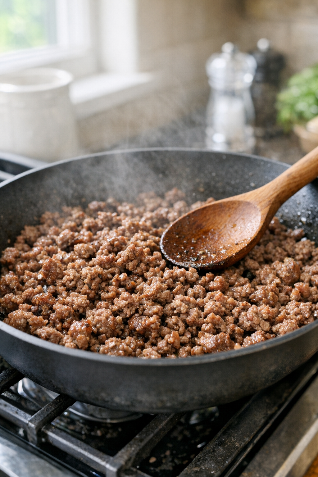 Ground beef browning in a skillet