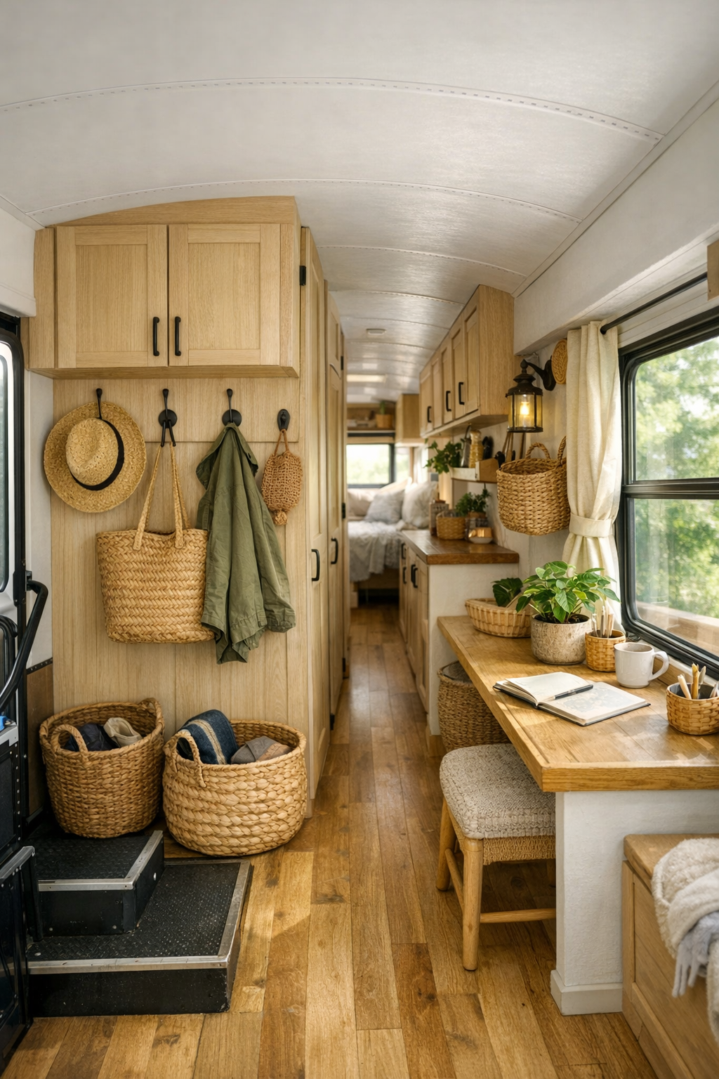 Functional hallway and entry storage area inside a converted bus